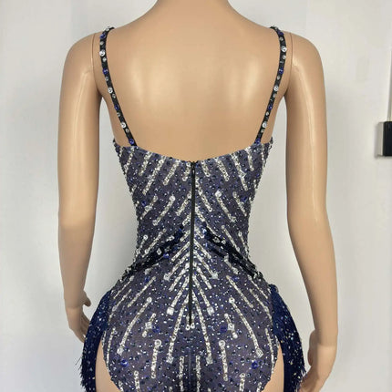 Sparkly Rhinestone Tassel Fringe Dance Leotard Nightclub Stage Performance Bodysuit