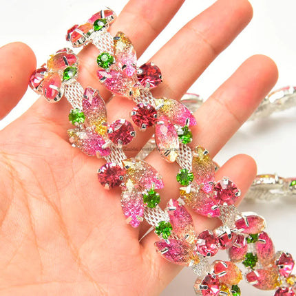 The Stardust Pink Blossom – Glitter Pink Leaf Glass Rhinestone Chain & Trim Applique