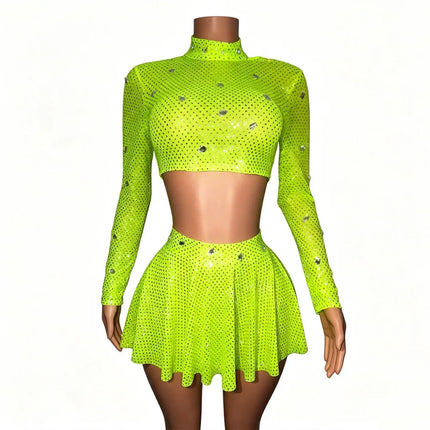 Neon Lime Rhinestone Crop Top & Fringe Mini Skirt 2-Piece Stage Costume Set
