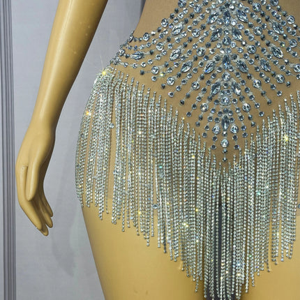 Flashing Crystal Rhinestone Chain Sheer Nude Mesh Stage Bodysuit Dance Leotard