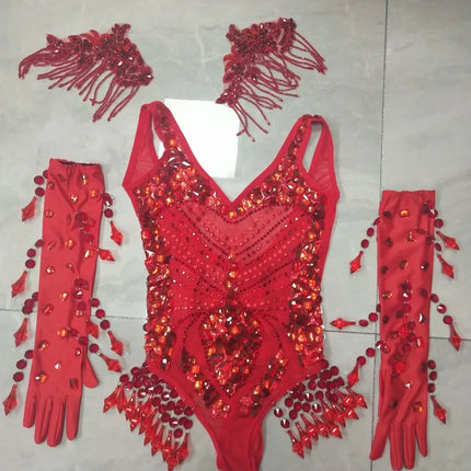 Sexy Nightclub Bar Gogo Dance Costume Red Rhinestones Fringe Mesh Bodysuit Gloves Performance Stage Wear Party Show Rave Outfits