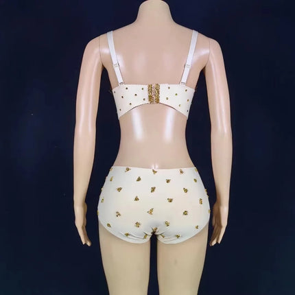 Sparkly Gold Rhinestone Two-Piece Bikini Bra & Shorts Set Stage Performance Costume