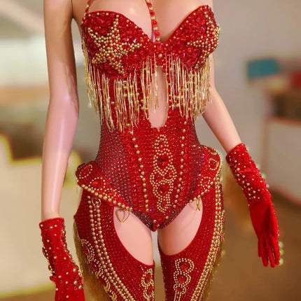 The Stardust Showstopper 4-Piece Rhinestone Ensemble – Luxury Stage Bodysuit & Jumpsuit Set