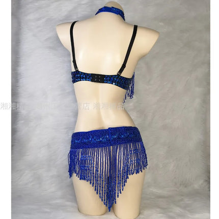 The Stardust Cabaret 2-Piece Ensemble – Luxury Sequin Fringe Bra & Belt Set