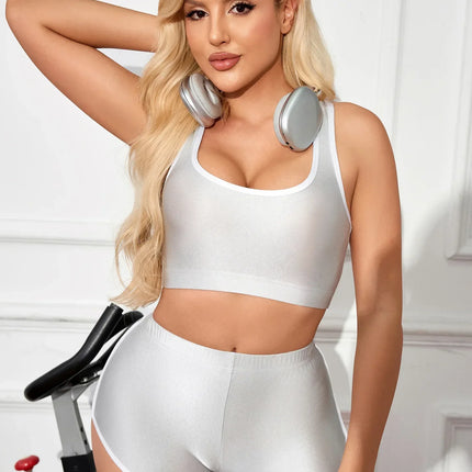 Metallic High-Stretch Crop Tank & Shaping Shorts 2-Piece Activewear Set