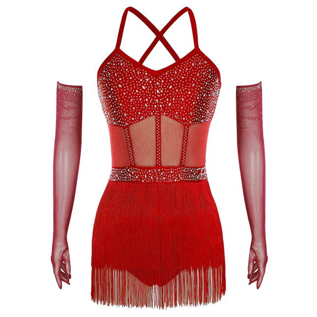 Rhinestone Latin Dance Dress, Mesh Tiered Tassel Bodysuit & Long Gloves Set