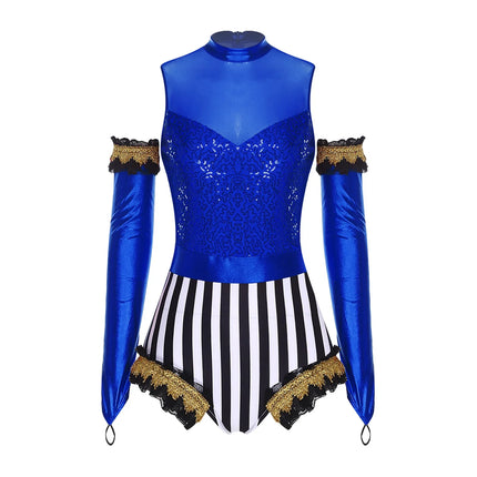 Circus Ringmaster Sequin Striped Bodysuit & Metallic Gloves 2-Piece Stage Costume Set