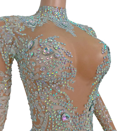 High Neck Crystal Appliqué Illusion Bodysuit