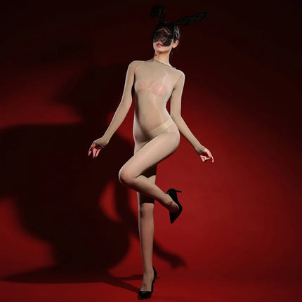 Oil Glossy High-Stretch Sheer Full-Length Bodysuit Thong Catsuit Jumpsuit