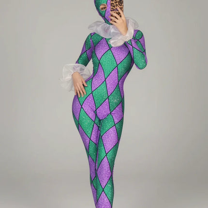 Futuristic Geometric Rhinestone Bunny Bodysuit – Luxury Showgirl Stage Costume & Exotic Festival Leotard with Statement Collar