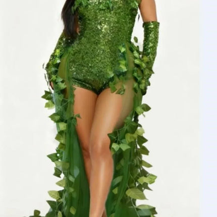 Emerald Ivy Leaf Sequin High-Low Gown & Gloves Sexy Botanical Villain Costume Set