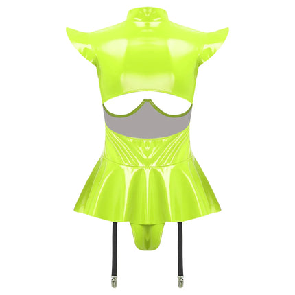 Glossy Wet-Look Halter Romper Bodysuit with Flared Skirt Hem & Integrated Garters