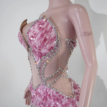 Sequin Beaded Tassels Mini Dress Crystals Mesh Bodycon Stage Performance Outfit