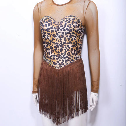 Leopard Rhinestone Fringe Latin Dance Bodysuit Mesh Long Sleeve Stage Performance Dress