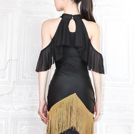 Black High-Neck Short-Sleeve Bodysuit & Gold Fringe Skirt Latin Dance Costume Set