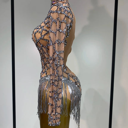 The Stardust Diamond Fringe Bodysuit – Luxury Rhinestone Mesh Stage Costume