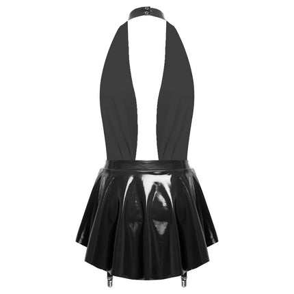 Glossy Wet-Look Halter Romper Bodysuit with Flared Skirt Hem & Integrated Garters