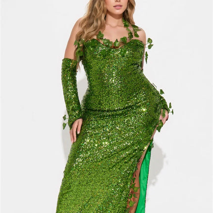 Deluxe Poison Ivy Green Sequin Maxi Gown & Glove Set 3-Piece Halloween Cosplay Costume
