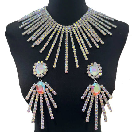 Rhinestone Tassel Necklace & Earring Set