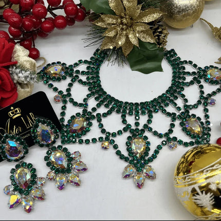 Colourful Rhinestone Necklace Earrings Set