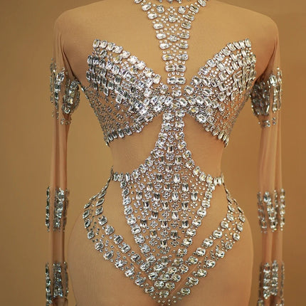 Sparkly Silver Rhinestone Sheer Mesh Jumpsuit Stage Performance Costume