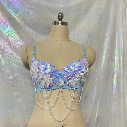 Handmade Mermaid Sequin Pearl Shell Belly Dance Bra Festival Rave Top