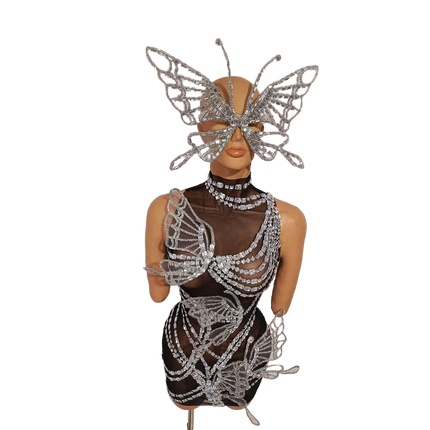 Silver Crystal Mesh 3D Butterfly Rhinestone Wings Jumpsuit
