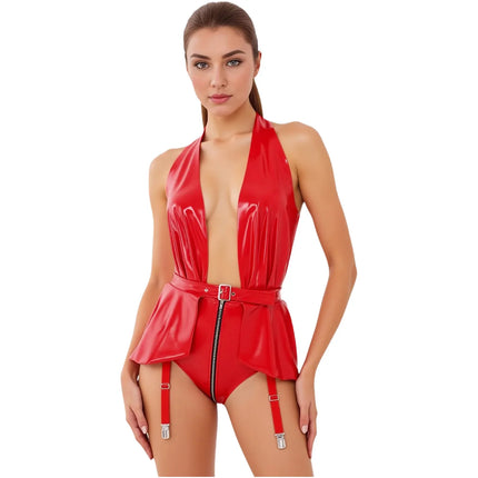 Glossy Wet-Look Halter Romper Bodysuit with Flared Skirt Hem & Integrated Garters