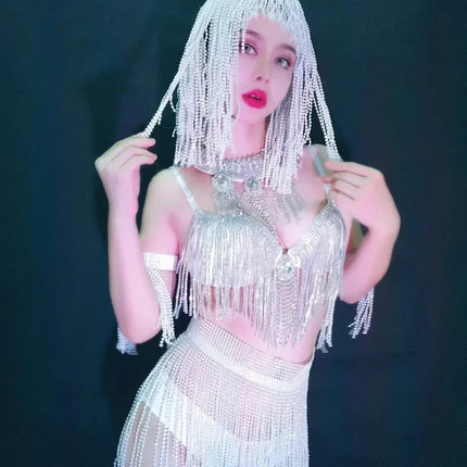 Luxury Crystal Tassel Bikini & Wig Performance Set – Premium Showgirl Stage Costume for GoGo Dancers, Nightclub DJs & Rave Outfits