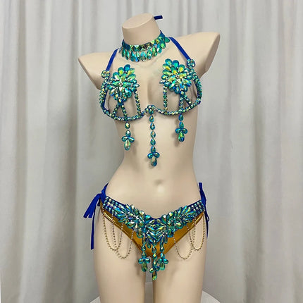 The Stardust Empress Royale – Deluxe Rhinestone Samba Carnival Wire Bra, Panty, Belt & Necklace 4-Piece Costume Set