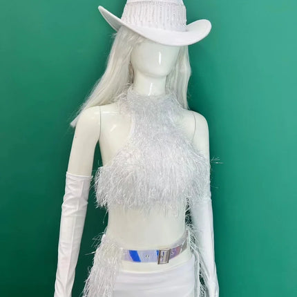 White Faux Fur Halter Top, Flare Chaps Pants, Long Gloves & Hat 4-Piece Stage Dance Costume Set