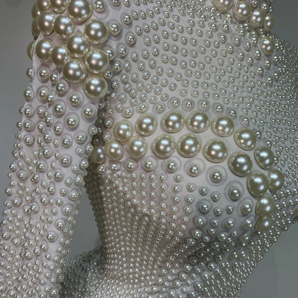 Luxury Pearl Long Sleeve Spandex Stretch Bodysuit Evening Stage Performance Costume