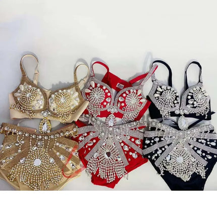 Sparkly Rhinestone Beading Tassel Bikini Sexy Nightclub Stage Wear Fringe Bra High Waist Short DJ Rave Outfit Nightclub Costume