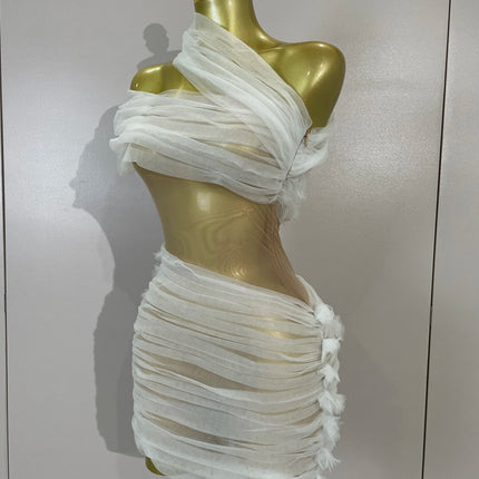 Vintage-Inspired White One-Shoulder Mesh Party Dress