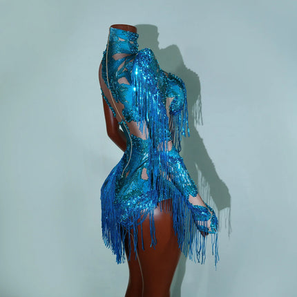 Leopard Sequin Fringe Asymmetrical Bodysuit One-Sleeve Stage Performance Costume