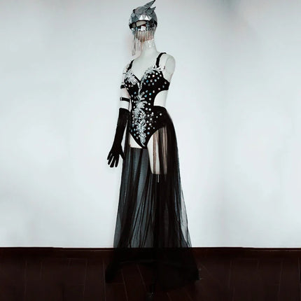 Silver Mirror Sequin Bodysuit & Dramatic Train Skirt Gogo Stage Costume Set