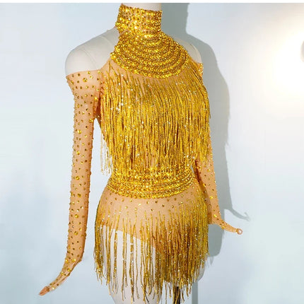 Rhinestone Tassel Mesh Performance Bodysuit