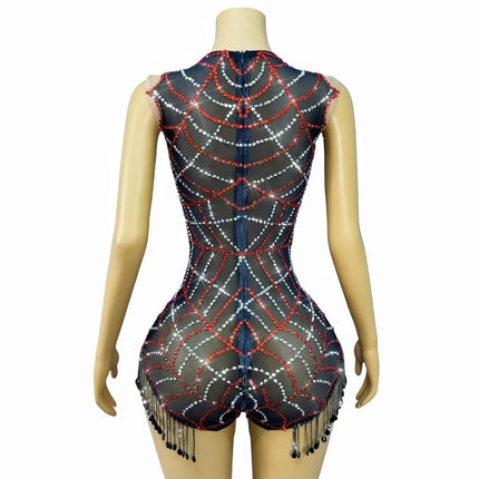 Sparkly Black Mesh Rhinestone Sheer Illusion Bodysuit Stage Performance Costume