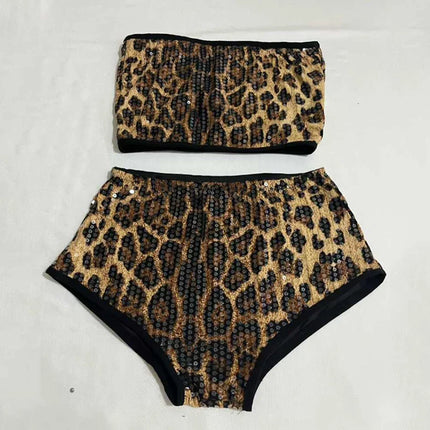 Sequined Top & High-Waist Leopard Print Shorts 2-Piece Gogo Dance Set