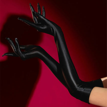 Oil Glossy Satin Smooth Five-Finger Long Elbow Gloves High-Stretch Luxury Evening Gloves