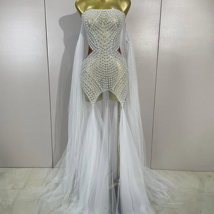 Luxury Birthday Evening Party Dress Elegant Sparkly Rhinestone Pearl Sexy Strapless Mesh Long Dress Prom Wedding Guest Gowns