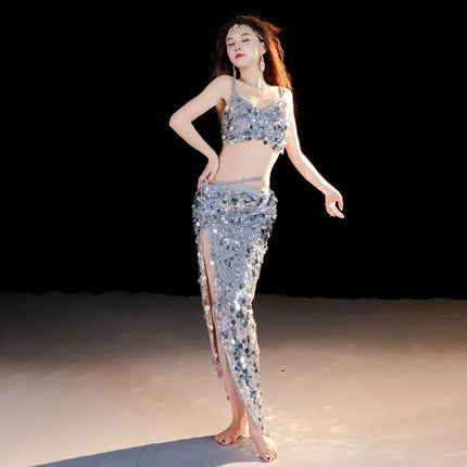 Sequin Oriental Belly Dance Top & Flowing Skirt 2-Piece Performance Set