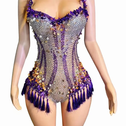 Sparkly Rhinestone & Tassel Fringe Bodysuit Stage Performance Costume