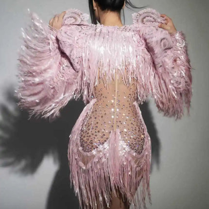 Rhinestone Sequin Fringe Mini Dress & Feather Shawl 2-Piece Stage Costume Set