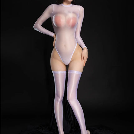 Oil Glossy High-Cut Open Crotch Shaping Bodysuit & Matching Stockings Set