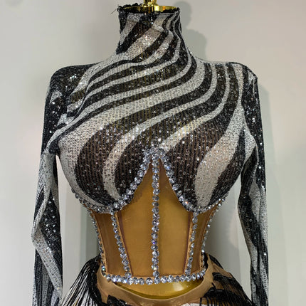 Sequined Long-Sleeve Diamond Top & Asymmetric Fringe Skirt 2-Piece Latin Dance Costume Set