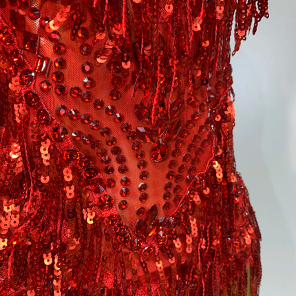 Sparkly Rhinestone Tassel Backless Mesh Bodysuit Luxury Stage Performance Costume