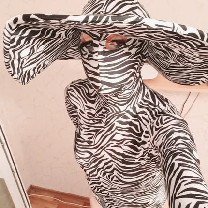 Zebra Stripe Cutout Bodysuit & Statement Big Hat 2-Piece Stage Dance Costume Set