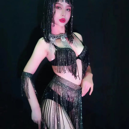 Luxury Crystal Tassel Bikini & Wig Performance Set – Premium Showgirl Stage Costume for GoGo Dancers, Nightclub DJs & Rave Outfits