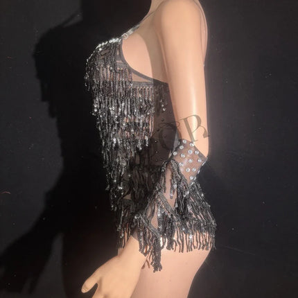 Sparkly Black Sequin & Rhinestone Tassel Bodysuit with Gloves Stage Costume